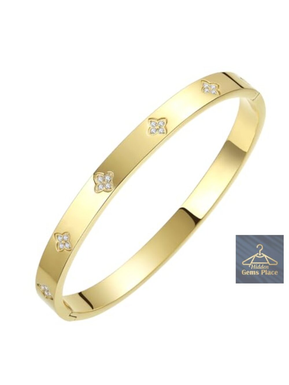 Gold Plated Bangle Bracelet Four Leaf Clover Cubic Zirconia